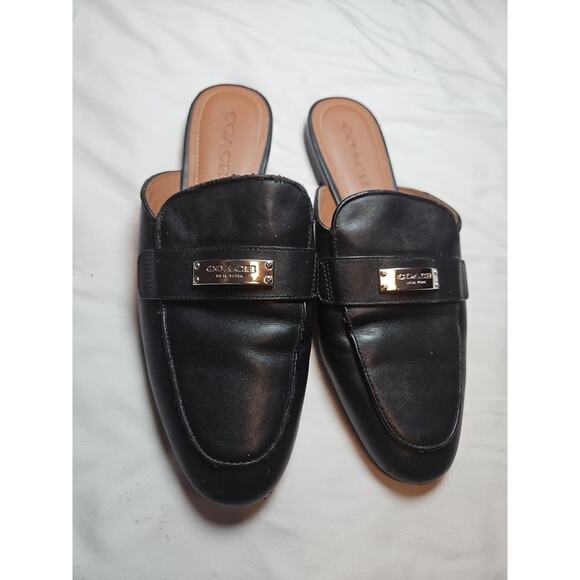 Coach 8.5 Loafer Flats Black Leather Slip On Shea Slides Mules Silver Logo Shoes - Picture 1 of 10